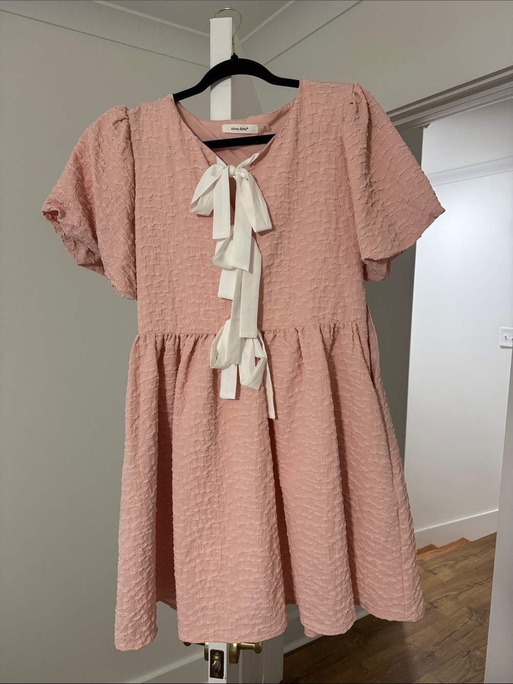 Blush Pink Textured Mini Dress with Cream Bow Tie